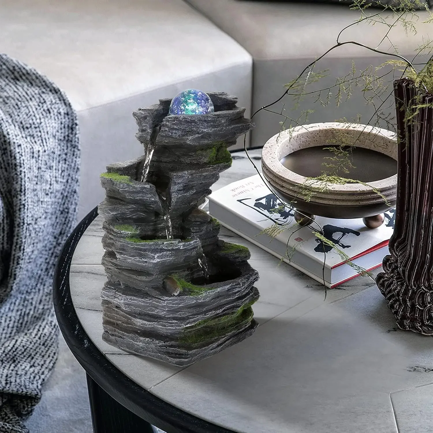 Indoor Fountains Tabletop Fountain Stacked Rocks Water Feature FengShui Zen Meditation Relaxation Desktop Fountain with LEDLight