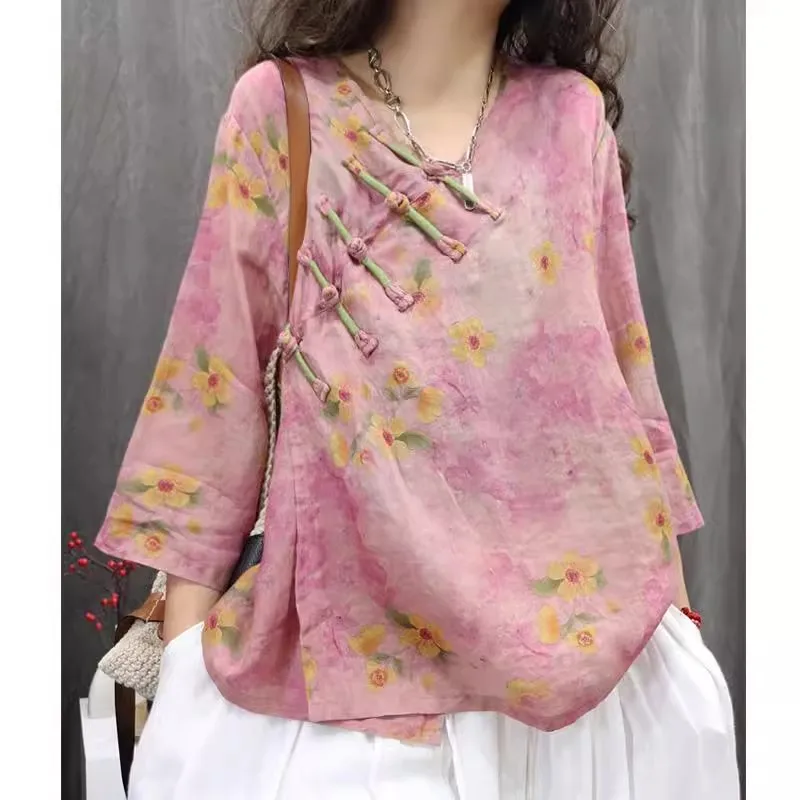

plus Size Hemp Print Side Button Traditional Chinese Style Shirt Spring Summer Slimming Versatile Seven Sleeve Overhead Top