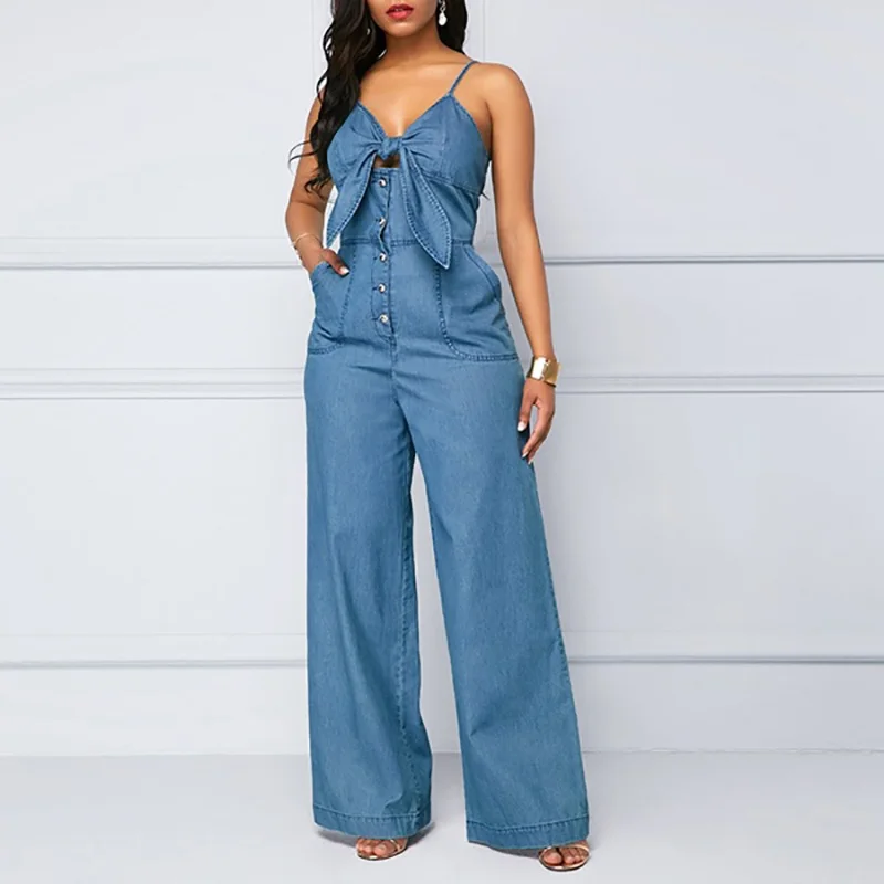 

2023 Summer Women Denim Jumpsuit Fashion High Waist Wide Leg Long Pants Romper Front Tie Knotted Jeans V-neck Overalls Playsuits