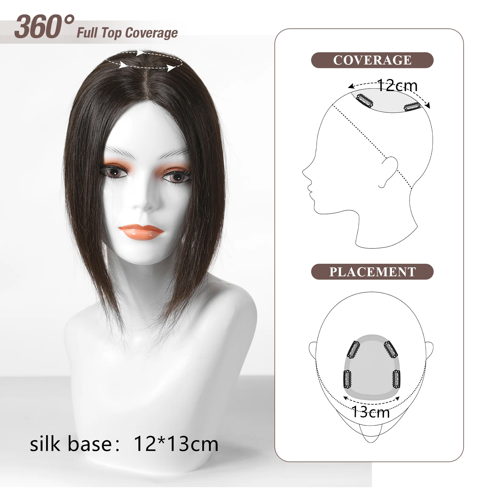 Toppers de cabelo preto para mulheres com queda de cabelo, cabelo humano real, capa 3D, fofo, 360 °