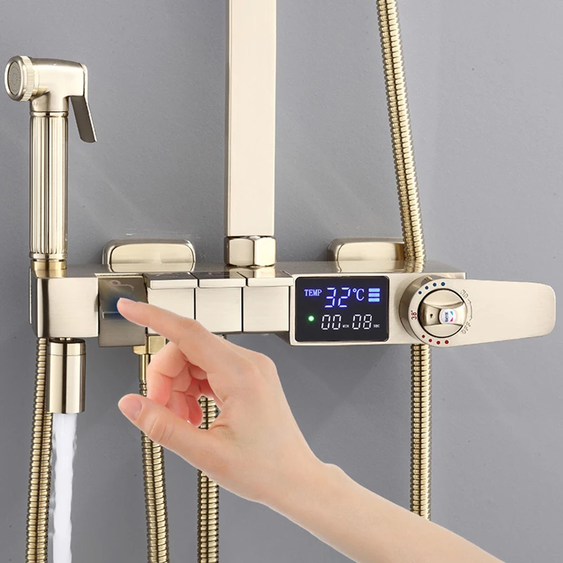 Brushed Gold Piano Digital Bathroom Shower Set Brass Rain Hot Cold Bathroom Faucet Head Thermostatic Piano Digital Shower System