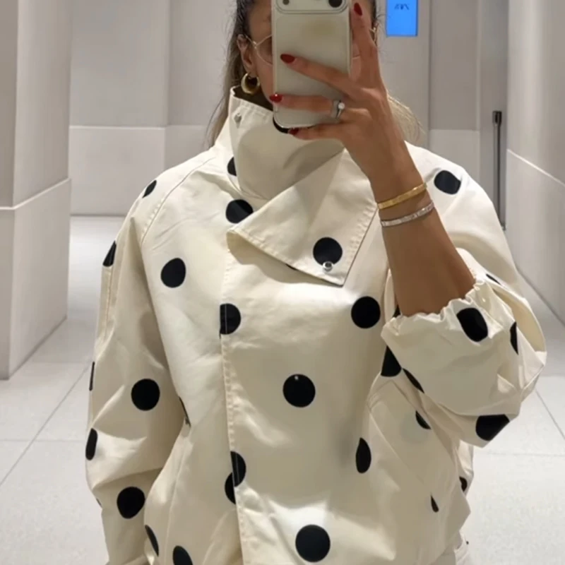 Ladies Multi‑Color Polka‑dot Cropped Wind Jacket Stand Neck Elastic Hem Loose Fit Coat For Weekend Shopping Street Outfit