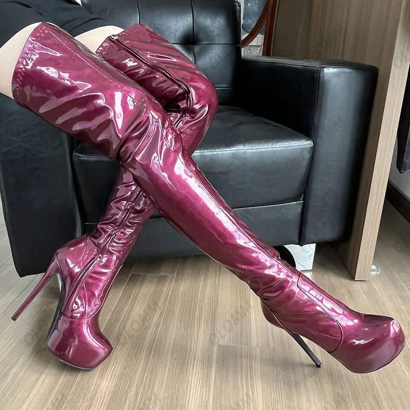 Olomm New Fashion Women Winter Thigh Boots Sexy Stiletto Heels Round Toe Beautiful Crack Red Party Shoes Women Plus Size 35-47