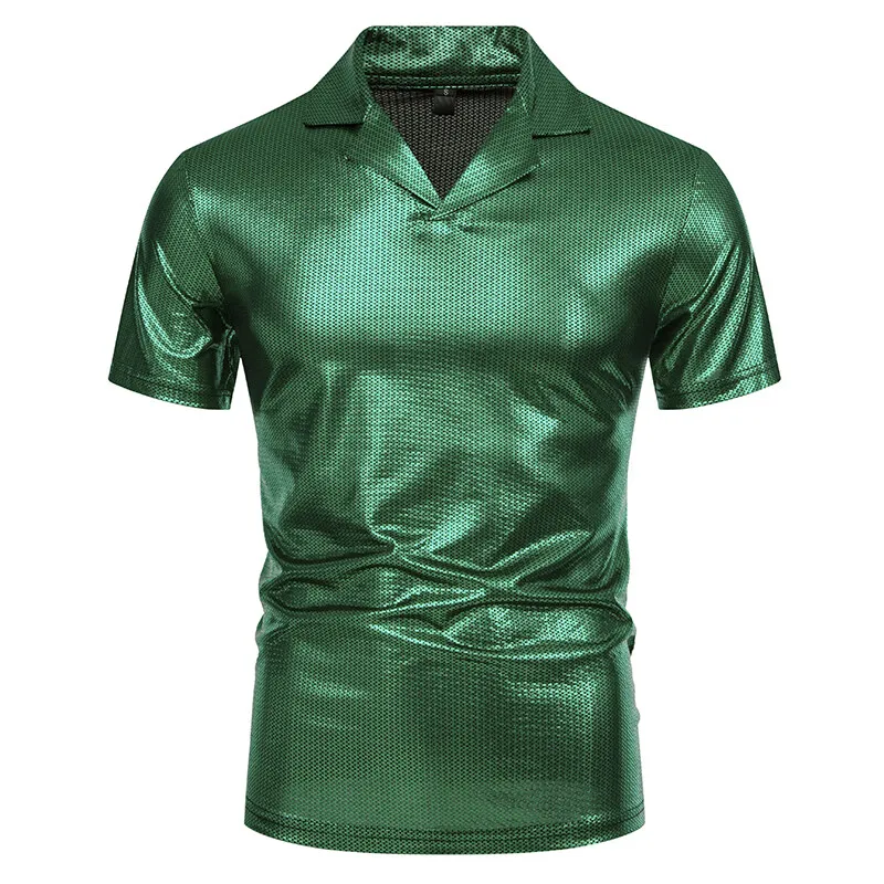 

Summer Men's Short Sleeve Polo Shirt Shiny Metallic Streetwear Lapel T-shirts Men Gold Stage Costume Disco Party NightClub Tops