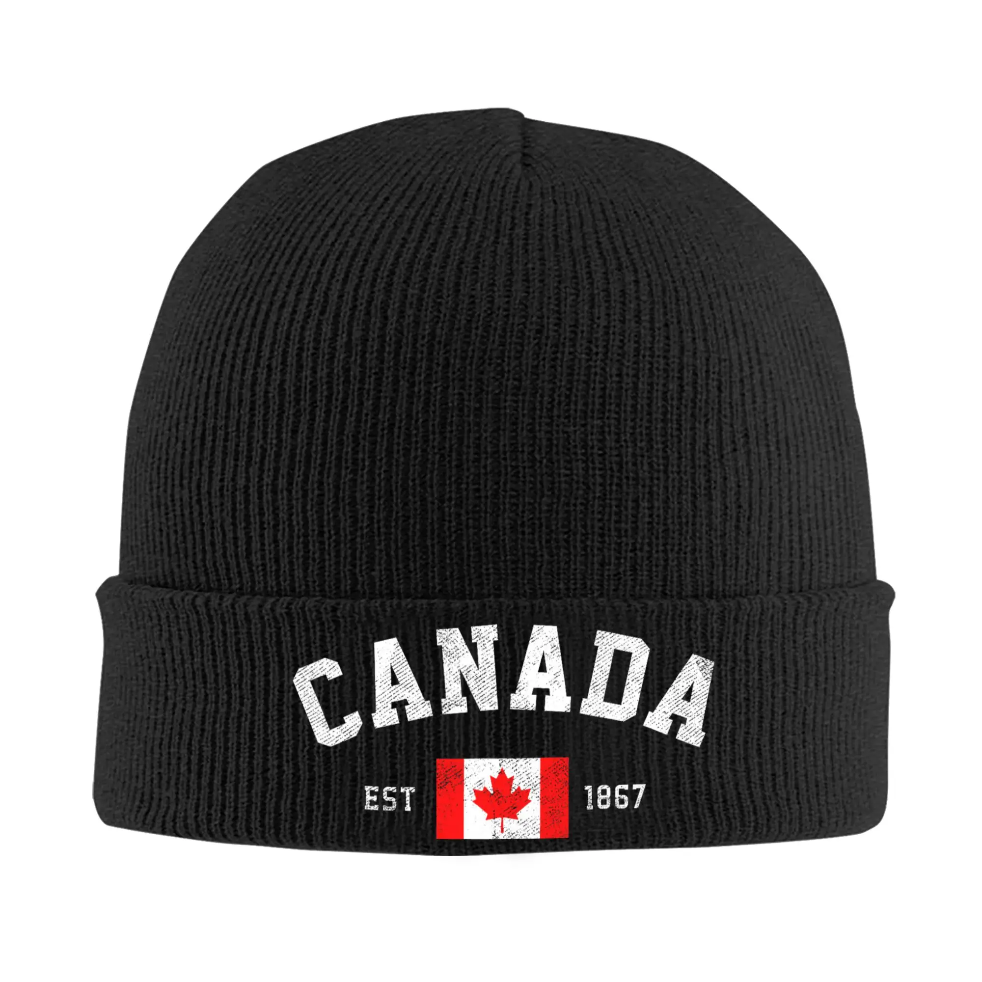 Canada Est.1867 Flag Beanie Hats  Bonnet Hats Unisex Adult Trendy Outdoor Knitting Hat Autumn Winter Design Elastic Caps