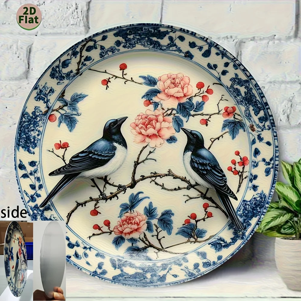 Vintage Chinese Floral Aluminum Wall Art 12in Waterproof Durable Peony Magpie Decor For Living Room Bedroom Home