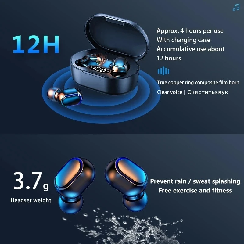 E7S TWS Wireless Headphones Bluetooth earphone Control Sport Headset Waterproof Microphone Music Earphone Work On All Smartphone