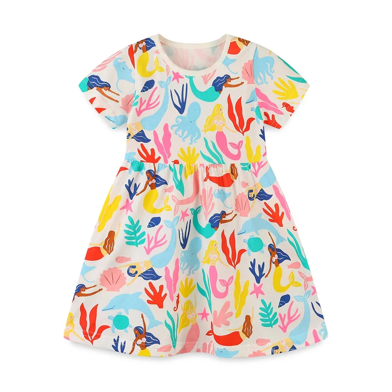 

Cute Sea Animals Print Princess Dress for Girls Short Sleeve Cotton Summer Costume Kids Party Clothes New Arrival