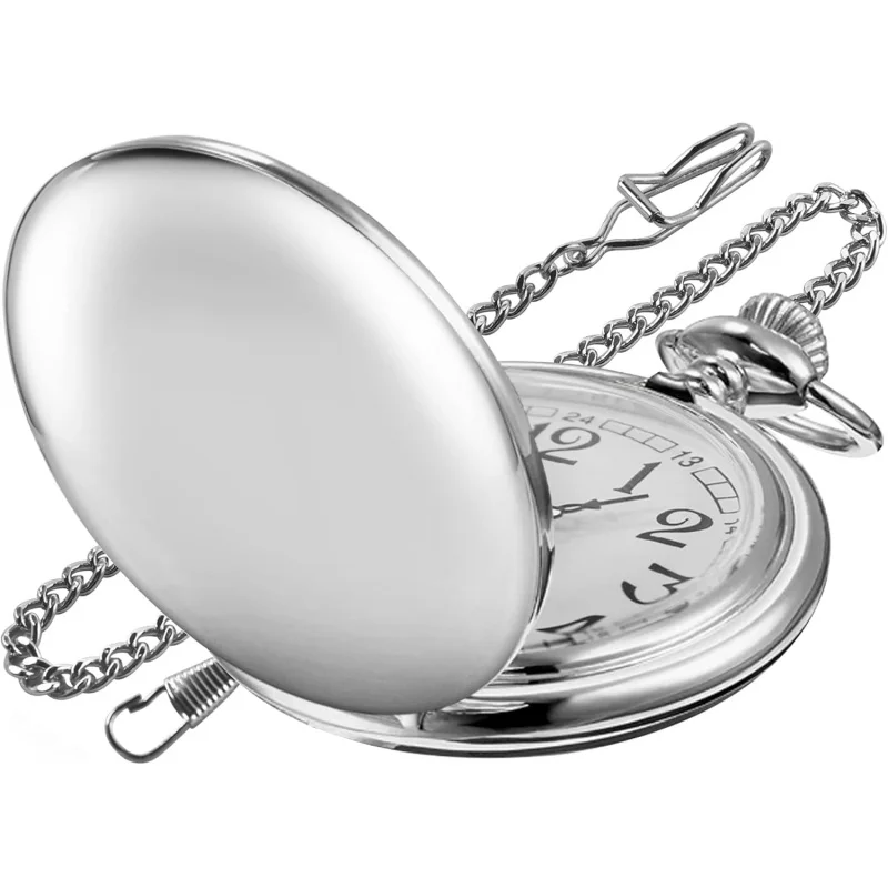 Stylish Men's Silver Quartz Pocket Watch with Arabic Numerals on a White Dial, Crafted from Durable Stainless Steel