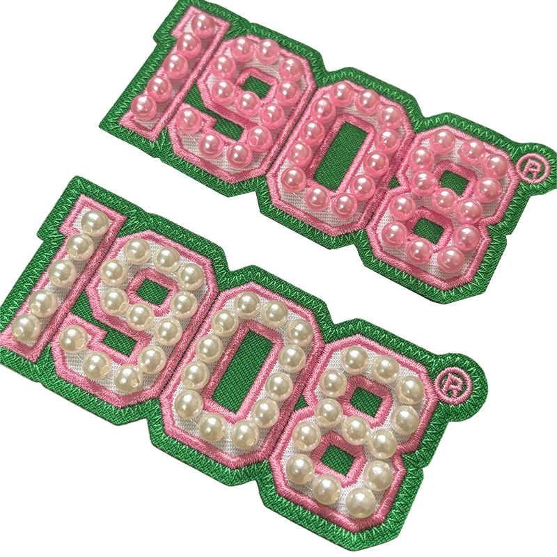 3D Pearls Ivy Shield Embroidered Sew on Patch ,AKA 1908 Sorority Pink and Green DIY patch for Jackets , hats