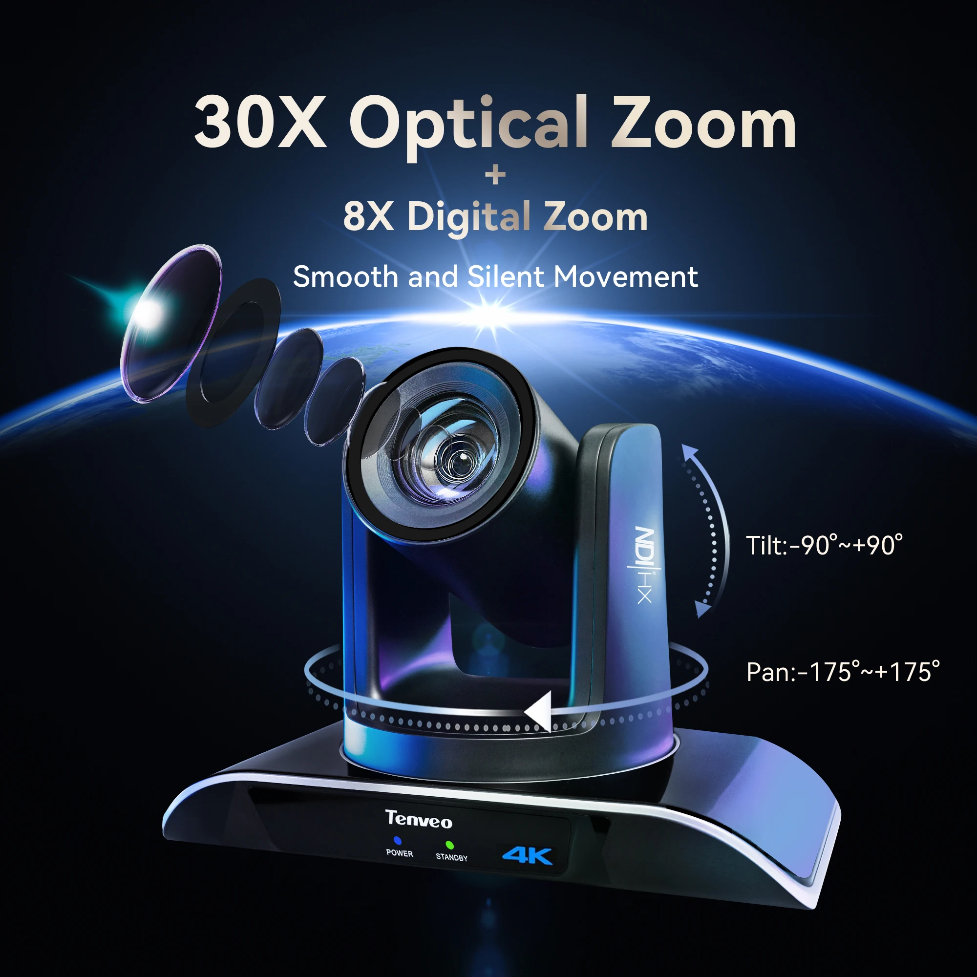NDI 4K Broadcast 30X Optical Zoom PTZ Camera  HD-MI USB SDI RJ45 Connections POE Large Conference AI Tracking Church Streaming