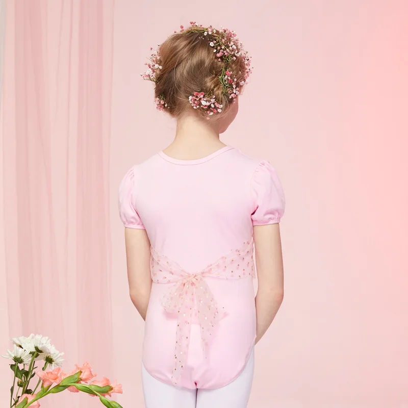 Vêtements de danse de Ballet pour enfants filles, justaucorps de gymnastique, Costume de danse Bailarina, sangle en maille au dos, manches courtes, danse en dentelle