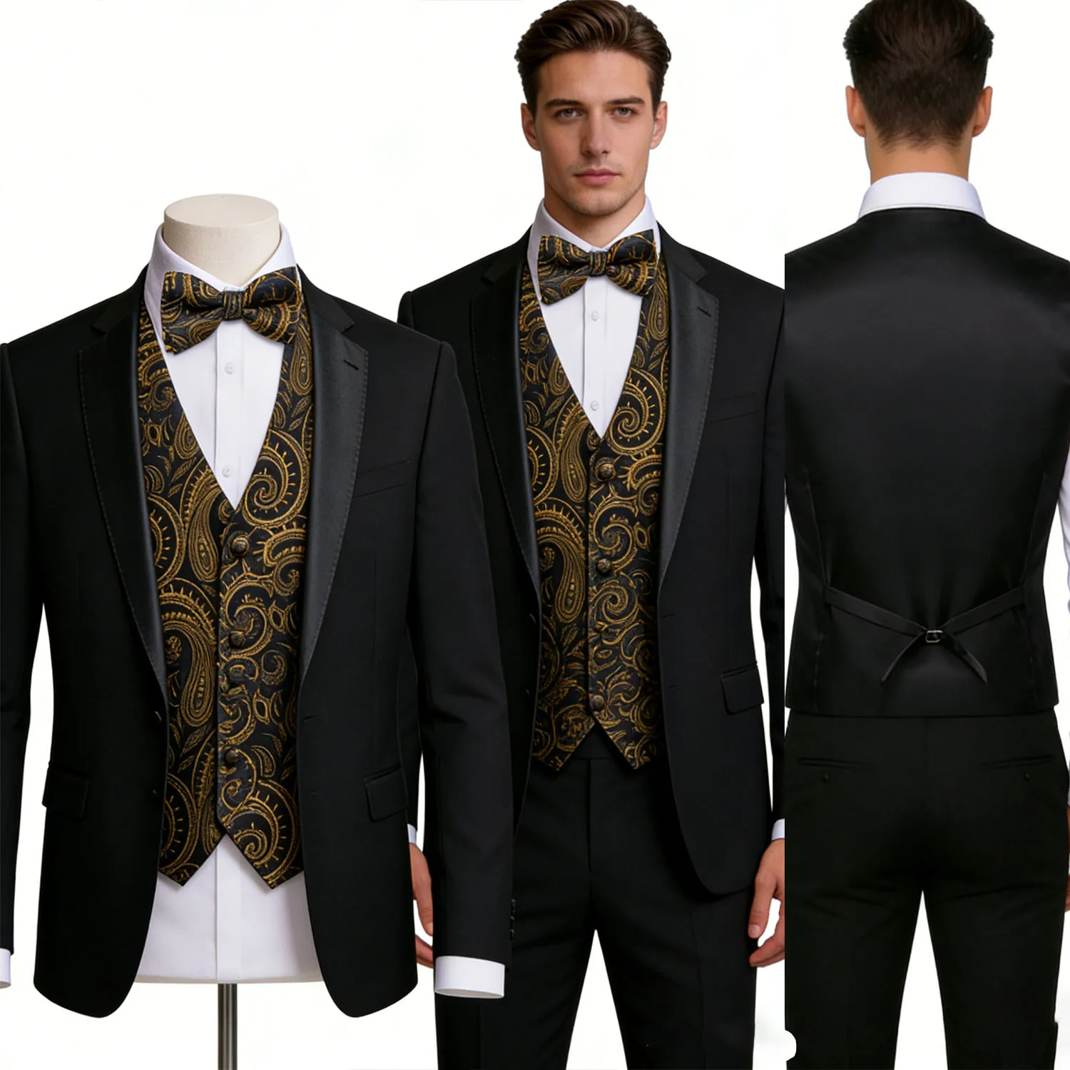 

Men's Black Golden Blue Paisley Vest & Tie and bowtie Hanky Cufflinks Set – Waistcoat for Weddings Events Party Gift