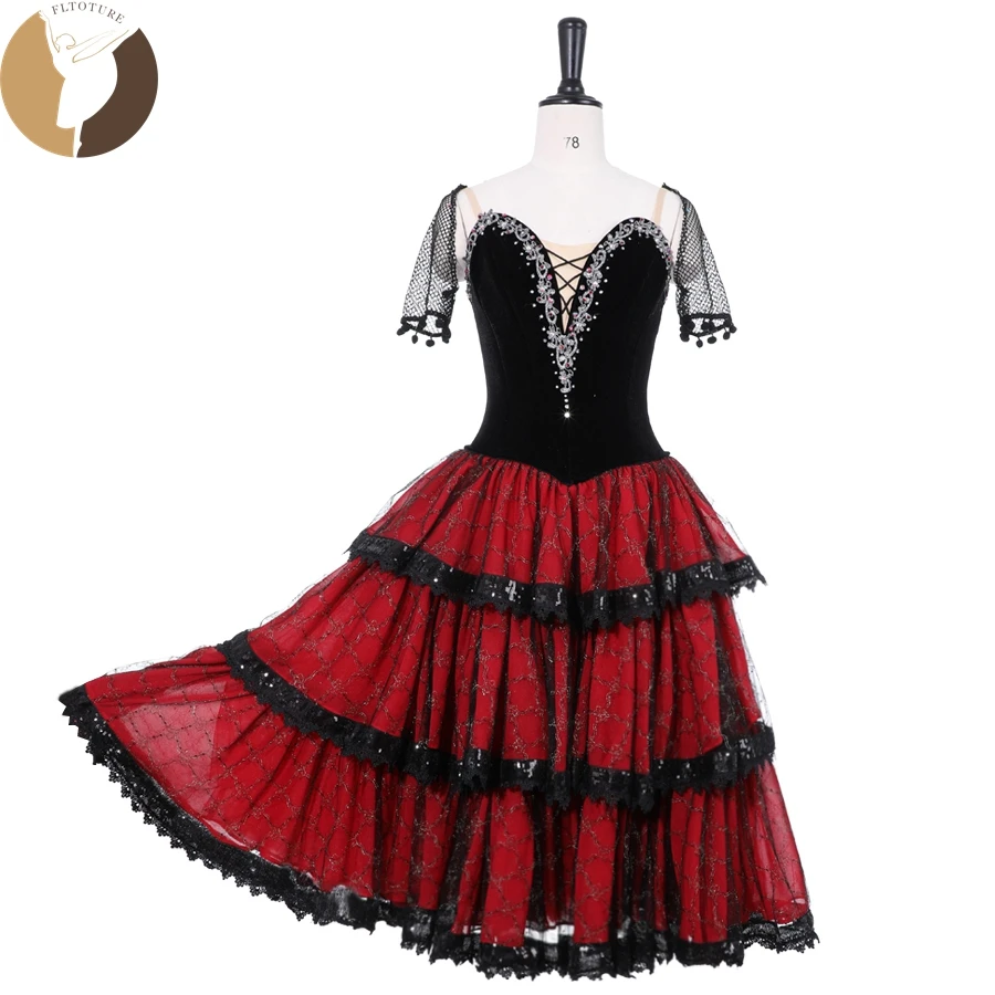 FLTOTURE Import Velvet Fabric Ballet Don Quixote Variation Girl Black Red Long Dress Spanish Kitri Romantic Tutu Soft Skirt 9500