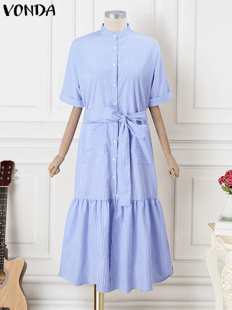 Listrado impressão camisa de manga curta vestido casual diário maxi vestido longo 2025 vonda praia festa elegante vestido boêmio