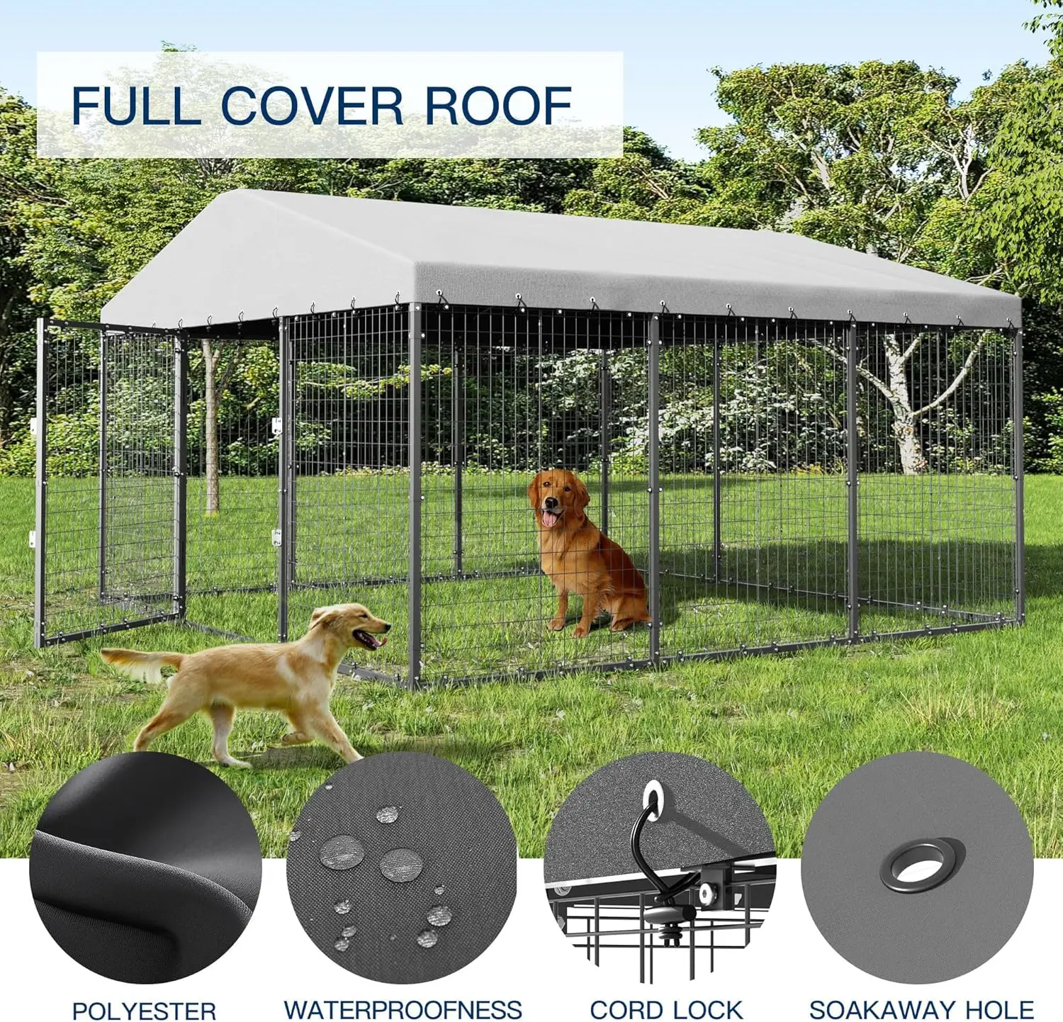 Large Outdoor Dog Kennel,Heavy Duty Dog Cage with Roof,Galvanized Steel Dog Kennel Fence with Double Safety Locks,Large