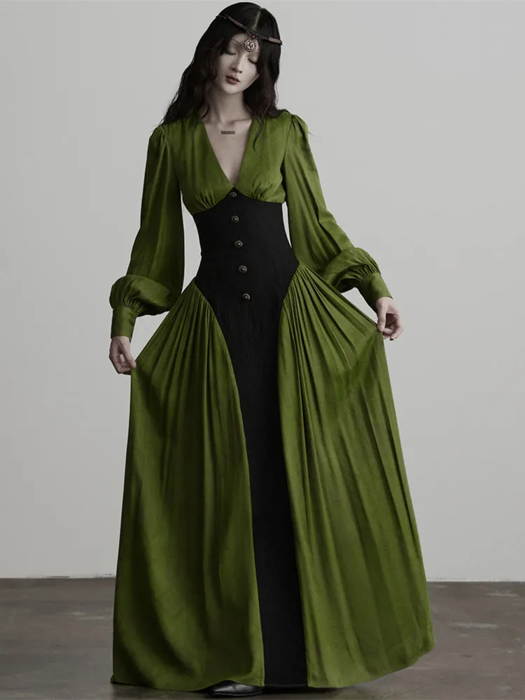 88-96cmBust Spring Autumn Green Maxi Dresses Women Vintage Elegant Corset Dress Sexy Deep V-Neck Long Sleeve Waist-Cinched Dress