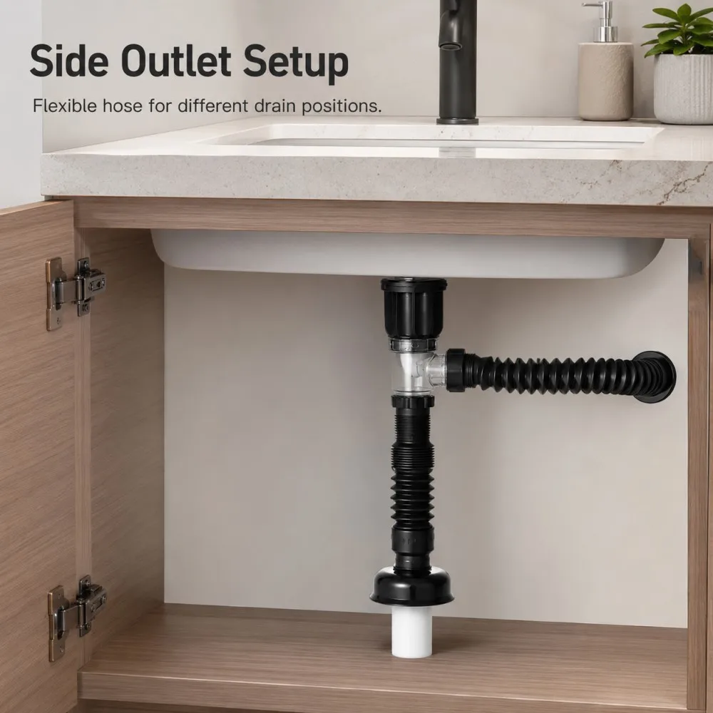 Kit de desagüe para lavabo de baño de 1-5 piezas, con desagüe emergente, manguera flexible, cuerpo de ABS y salida superior/lateral de acero inoxidable, juego de tuberías de desagüe para lavabo.