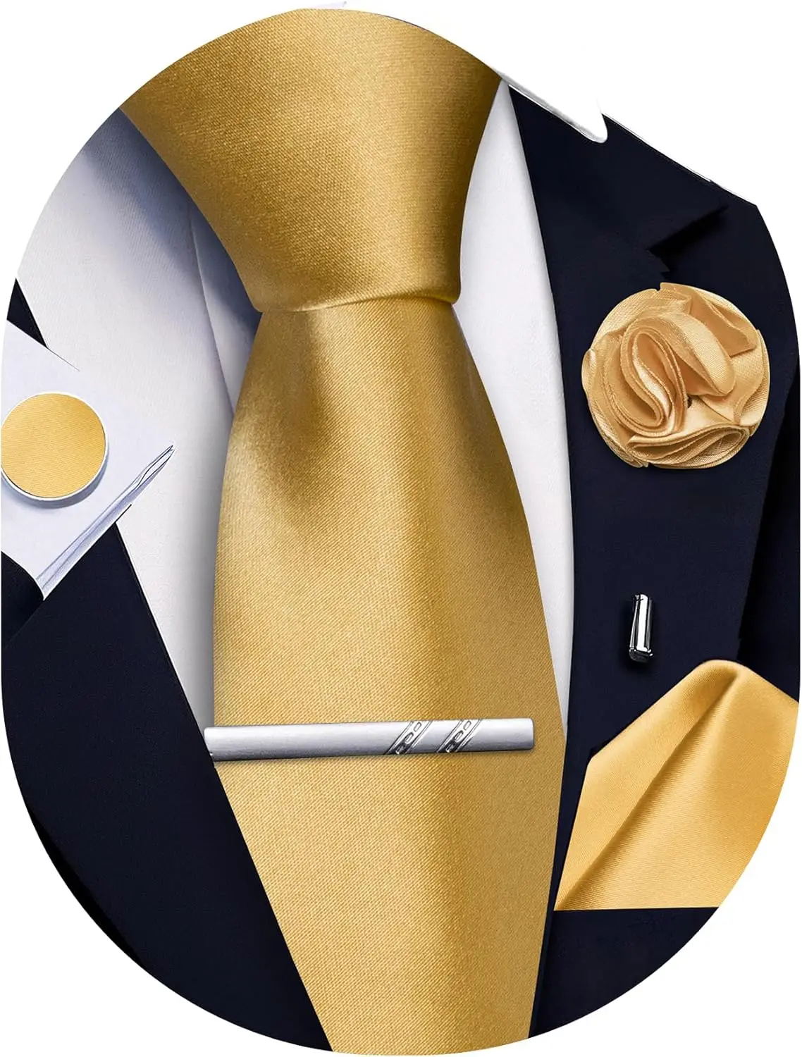 

5Pcs Men's Silk Satin Tie Set with Pocket Square Cufflinks Tie Clip Lapel Pin for Wedding Business