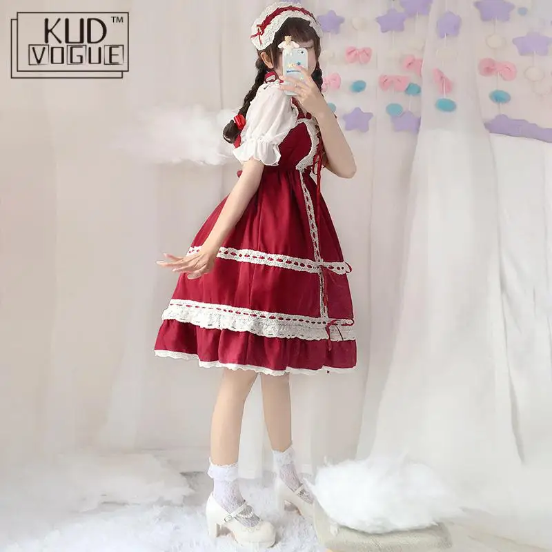 Lolita Dress Sweet Girls Cute Japanese Kawaii Spaghetti Strap Maid Vintage Lace Ribbons Headwear Party Prom Lace Women Summer