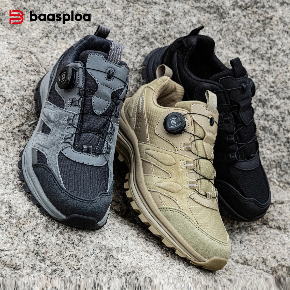 Baasploa Men Hiking Shoes New Rotating Button Trail Male Outdoor Shoes Leather Anti Splash Water Soft Walking Sneakers Non-Slip