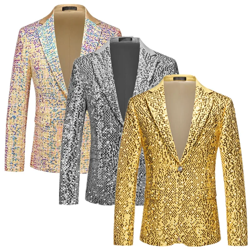 

Autumn Winter New Men Wedding Dance Party Luxury Sequins Suit Slim Fit Jacket Fashion Singer Stage Performance Dress Blazers