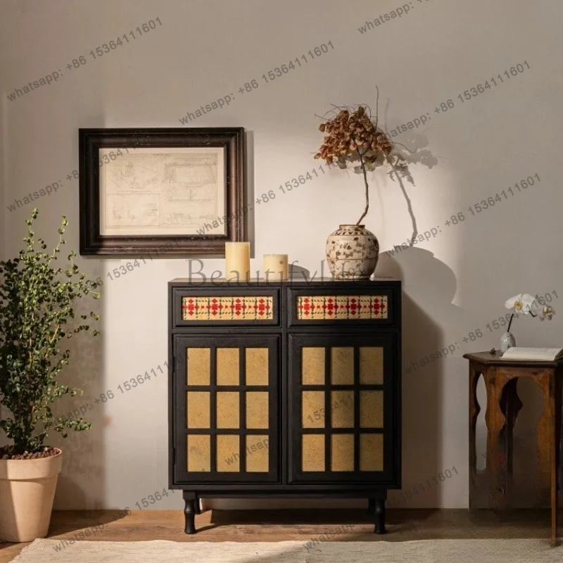 Three-color dining side solid wood cabinet, living room wall locker, modern simple home designer bucket cabinet