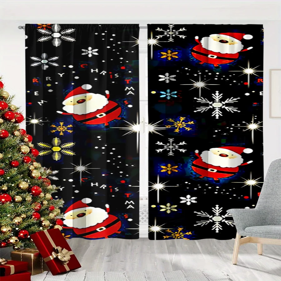 2PCS Christmas Winter Curtains, Black Sparkle Santa Snowflake Star Christmas, Digital Print, Bedroom Living Room, Home Decor
