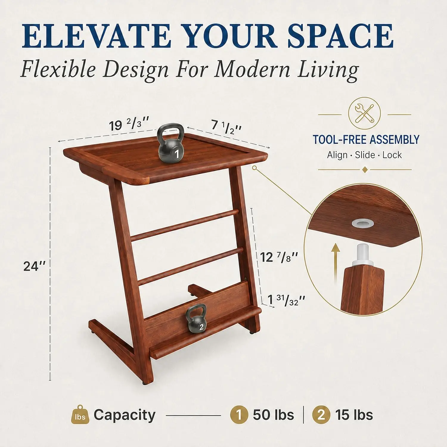 C-Shaped End Table Acacia Wood Side Table Nightstand Mid-Century Z Frame L-Shape Shelf Tool-Free Assembly Bedroom Living Room Of