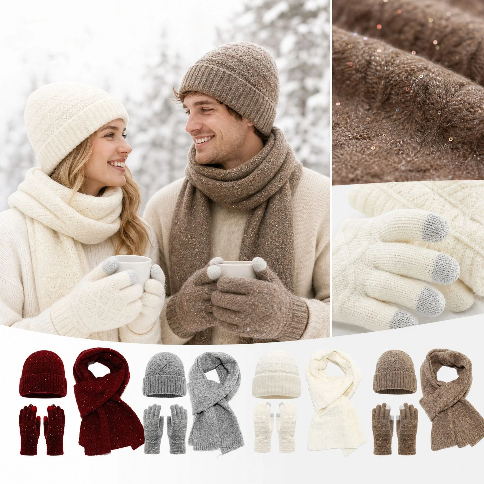 Men Women Fashion Wavy Pattern Knitted Hat Scarf Glove Set Unisex Outdoor Cold Proof Thermal Kit Winter Warm Accessory Kit