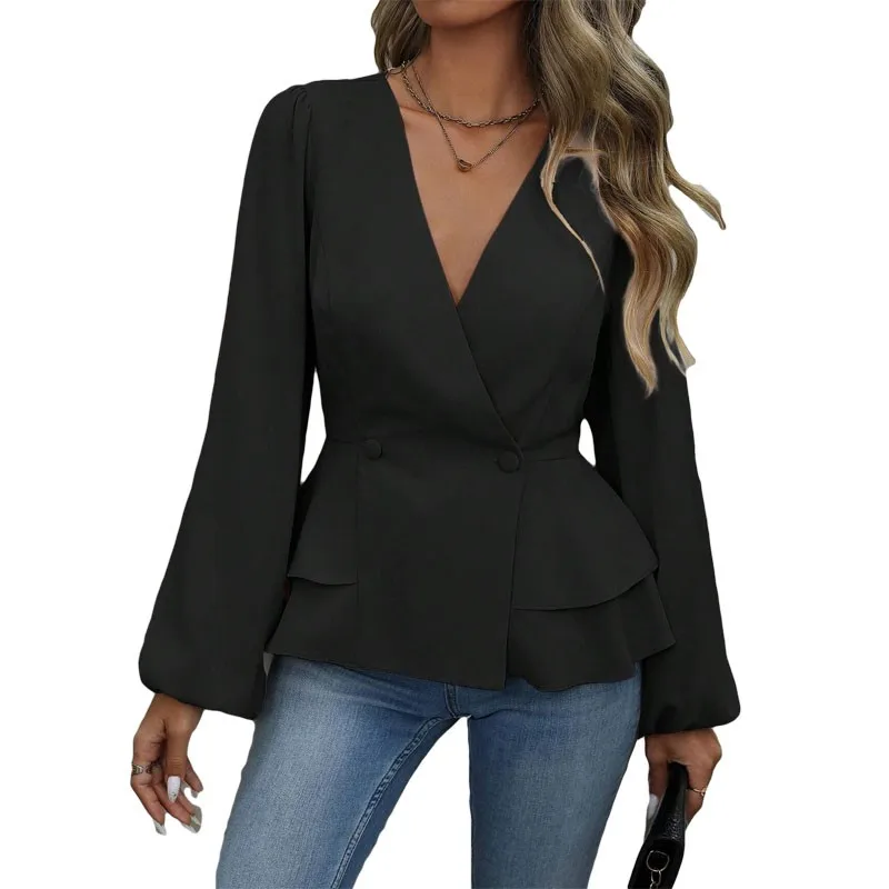 レディースエレガント通勤シャツ無地 V ネックランタンスリーブフリルシャツオフィススリムトップ秋のファッション女性のブラウス