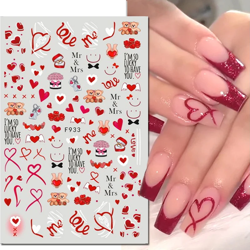 3d Nail Art Sliders Stickers Valentine Rose Pink Red Love Shapes Lines Letters Cute Bears Decals Nail Decoration For Manicure