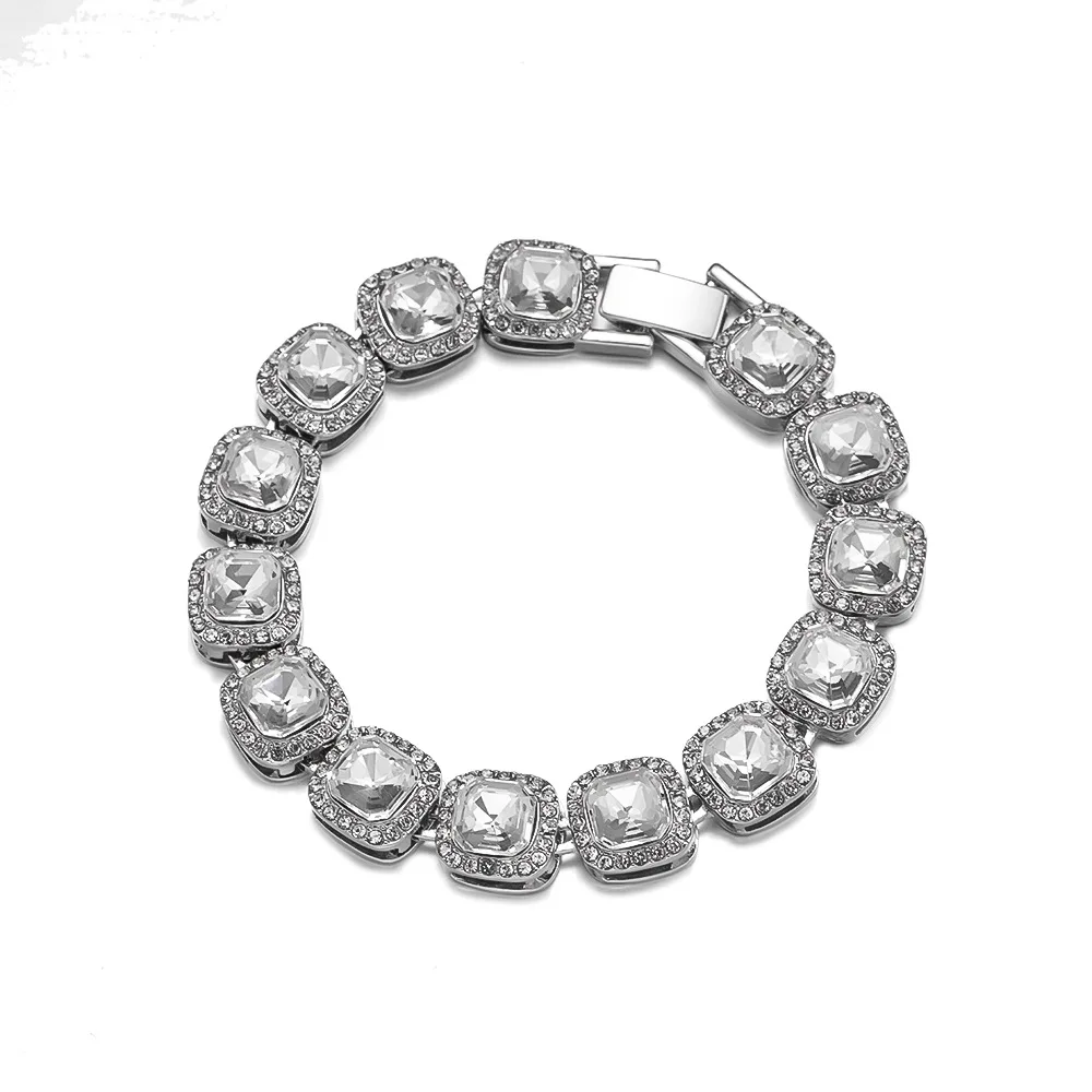 High Quality Stainless Steel 304 Square Iced Out Bracelet With A Level Rhinestone Men's Street Hip Hop Choker Chain 13mm