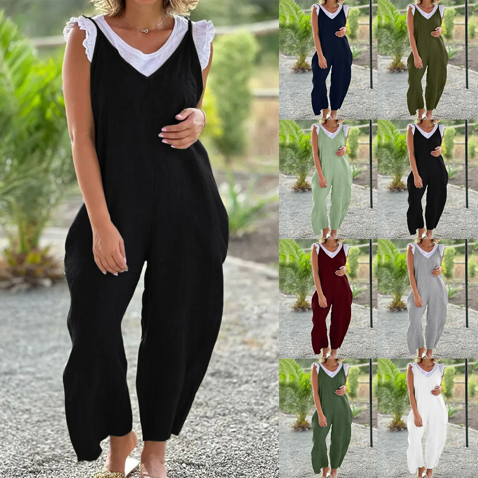 

Europe United States Cotton and Linen Women's Jumpsuit Solid Color Waist Pockets V-neck Suspenders Casual Buttons Loose Pants