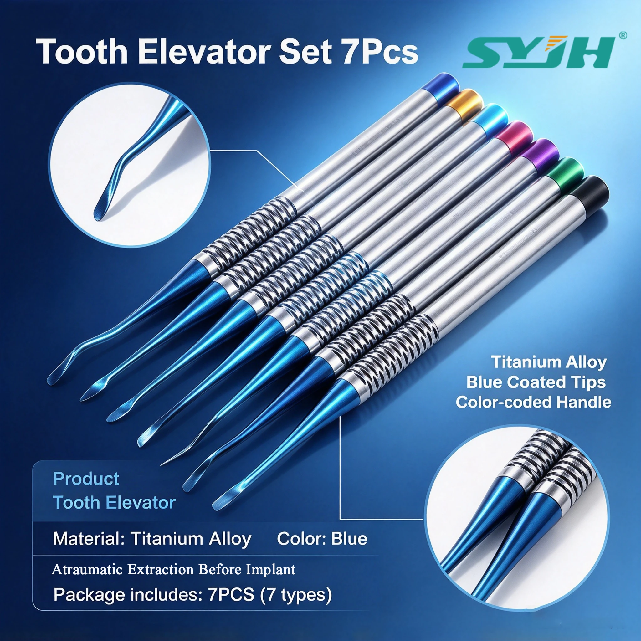SYJH Dental Titanium Alloy Implant Elevator Kit 7Pcs High-Temp Sterilizable for Oral Surgery Tooth Stump & Root Tip Removal Set