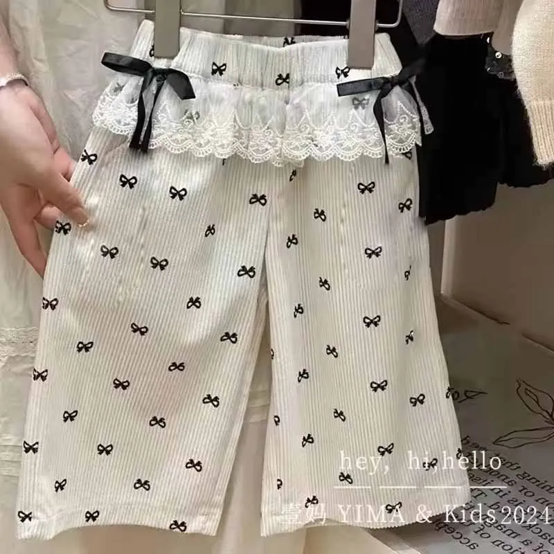New Girls Bow Print Pants Spring Kids Wide-leg Trousers Fashion Elastic Loose Pants Autumn Children Bowknot Trousers 2-8 Years
