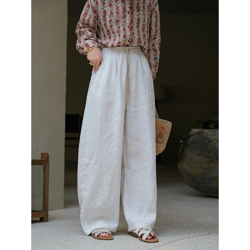 2025 New Arrival Summer Women Top Quality Cotton Linen Ankle-length Pants Casual Loose Elastic Waist Vintage Wide Leg Pants T247
