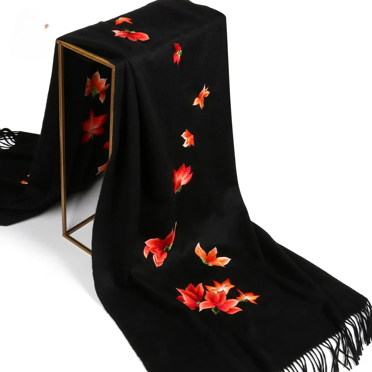 Hot salesChinese Hand Embassy Thickened Double-Sided Embroidered Cashmere Shawl Women's Ethnic  Dinner Black & Warm Scarf Gift A