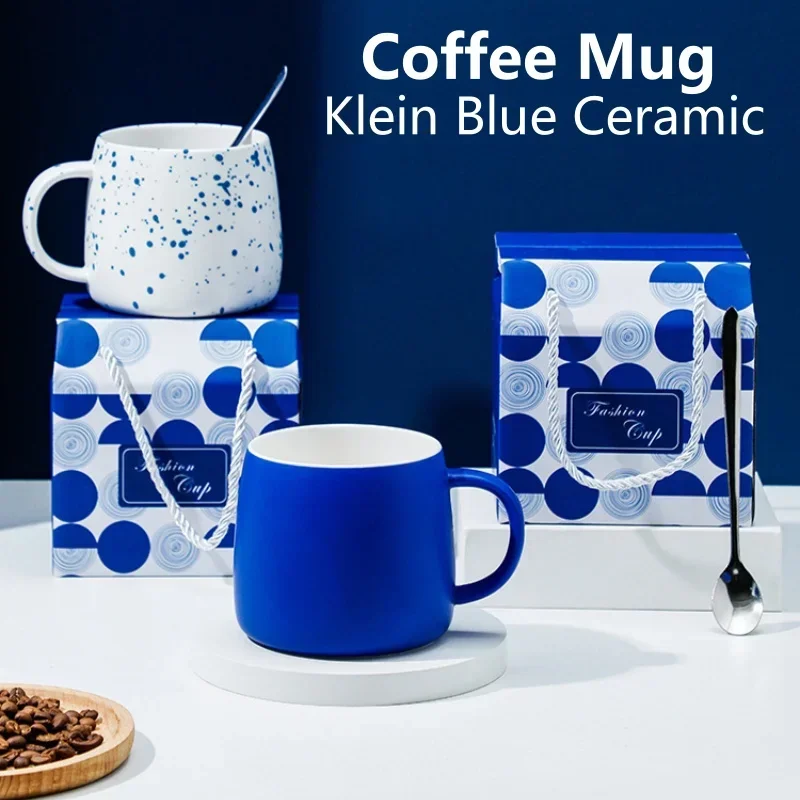 500ml Ceramic Coffee Mug with Spoon Gift Package Klein Blue Splash Ink Porcelain Mug Breakfast Oatmeal Cup Festival Gift