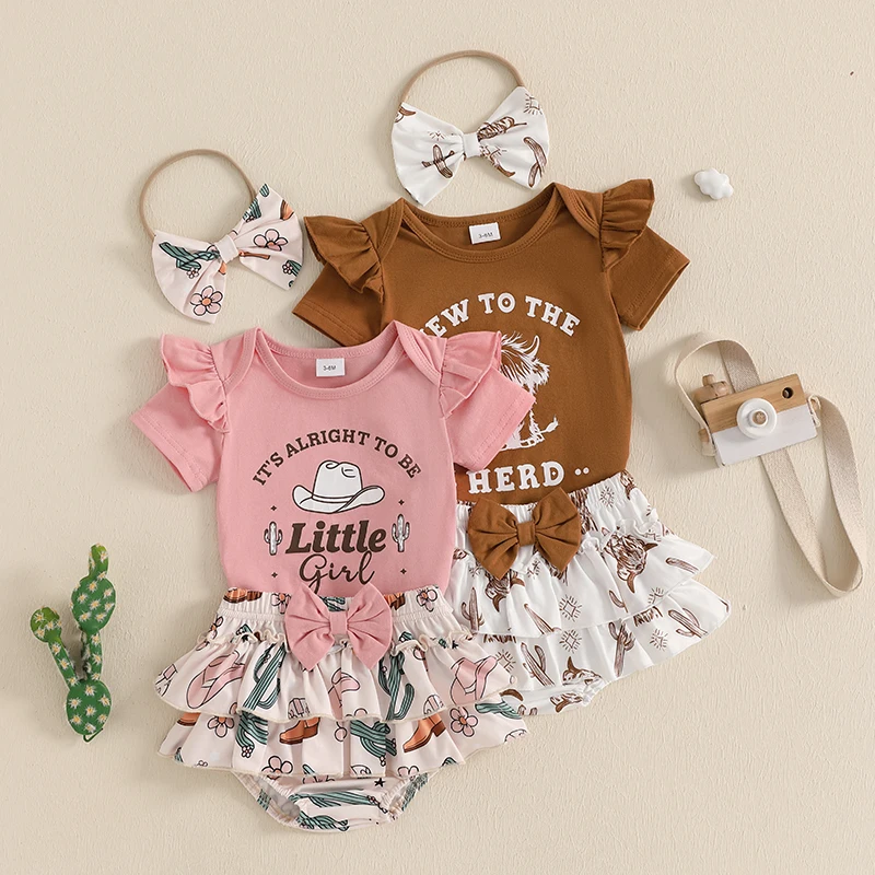 

2025-01-02 Lioraitiin Baby Girl Summer Outfits Cow Letter Print Crew Neck Short Sleeve Romper Shorts Headband 3Pcs Clothes Set