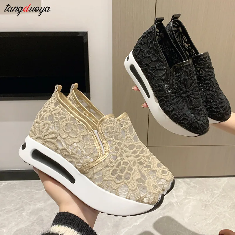 Lace Women Shoes 2024 Spring Summer Wedges Shoes for Women Black White Breathable Lace Flower Sneakers Women Loafers White