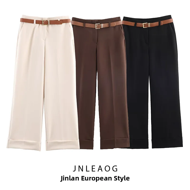 Fashionable Casual Pants with Cuffed Hem And Belt Natural Waist Straight Leg Pants Street Style Polyester Fiber Ladies Trousers