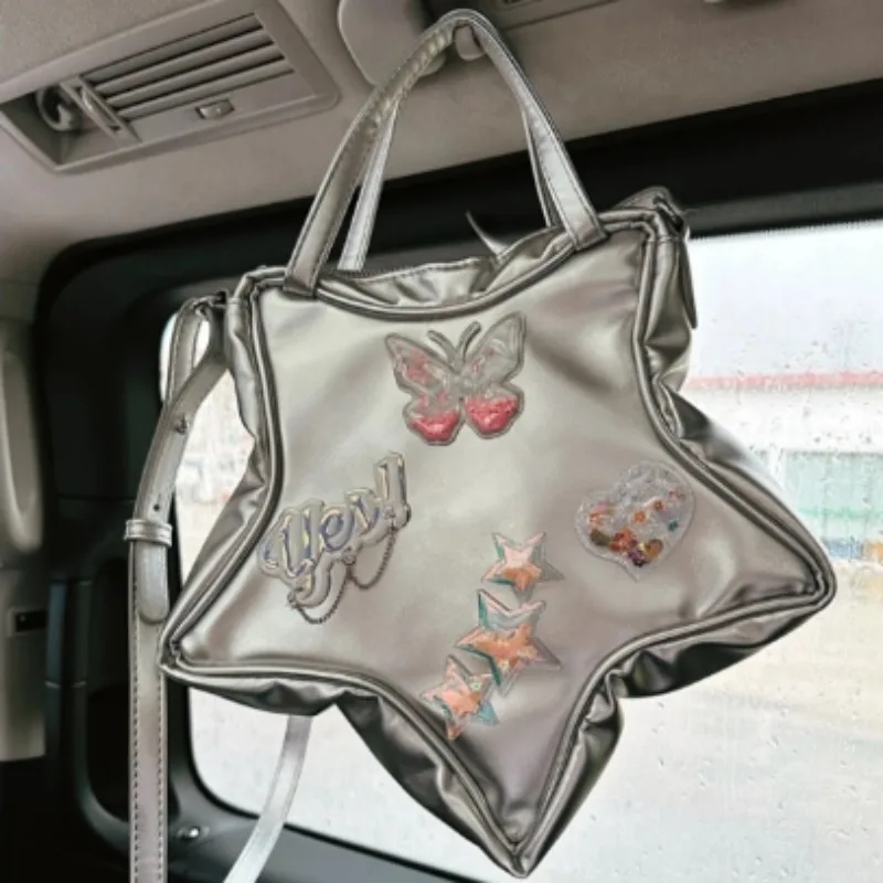 

Y2k Star Shoulder Bag Silver Japanese Style Leather Bag Kawaii Messenger Bag Large Capacity Cute Girl Handbag Wallet New 2023