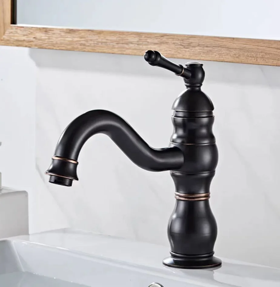 Bronze faucet with 360-degree rotation for hot and cold water, black granite countertop basin single-hole faucet