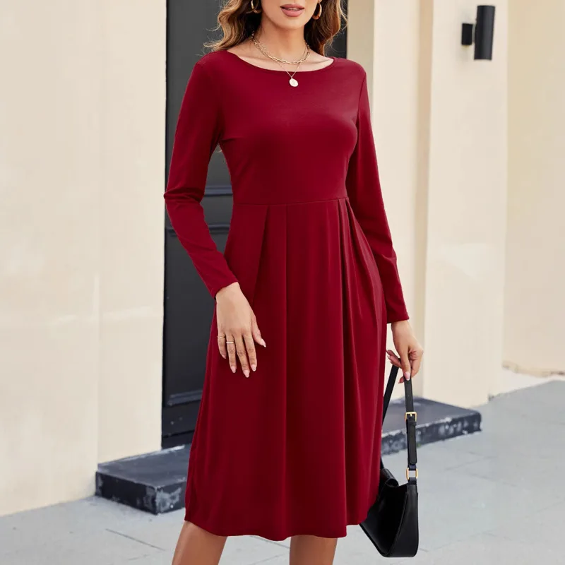 HKSH Frühling Herbst Neue frauen Kleid Oansatz Langen Ärmeln Taille Cinching Einfarbig Plissee A-line Trendy Casual Kleider HK14496