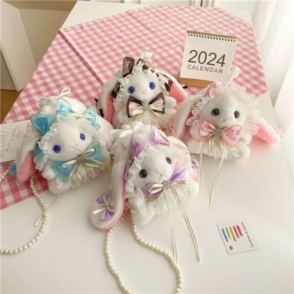 Cute Lolita Element Shoulder Bag New Bunny Plush Bag Kawaii Princess Sweet Pearl Chain Crossbody Bags Long-eared Rabbit Purse