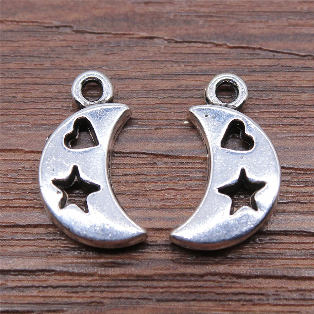 WYSIWYG 10pcs 9x17mm Crescent Moon Stars Love Heart Charms Pendant Diy Jewelry Findings Antique Silver Color Antique Bronze