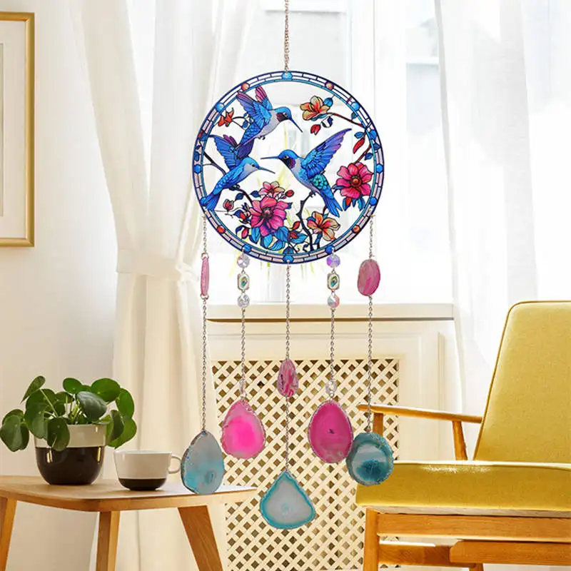 

Flower Wind Chime Hummingbird Hanging Room Decoration Crystal Chakras Agate Pendant Sun Catcher Modern Home Window Ornament Gift