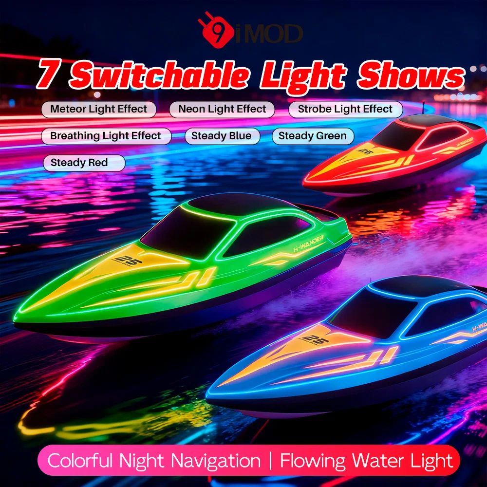 9IMOD HJ825B RC Boat 15KM/H 2.4G 7 Dynamic Light Modes One-Click Auto Righting Speedboat