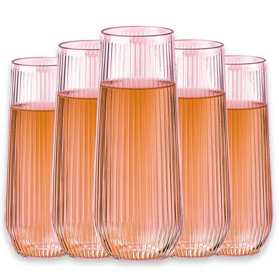 

48 Pack Plastic Ribbed Champagne Flutes, 9 Oz Stemless Disposable Pink Clear Plastic Toasting Glasses Shatterproof Recyclable an